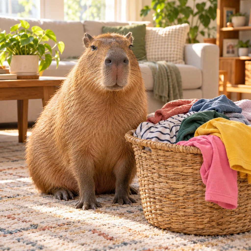 Calm capybara sitting beside a basket of unfolded laundry