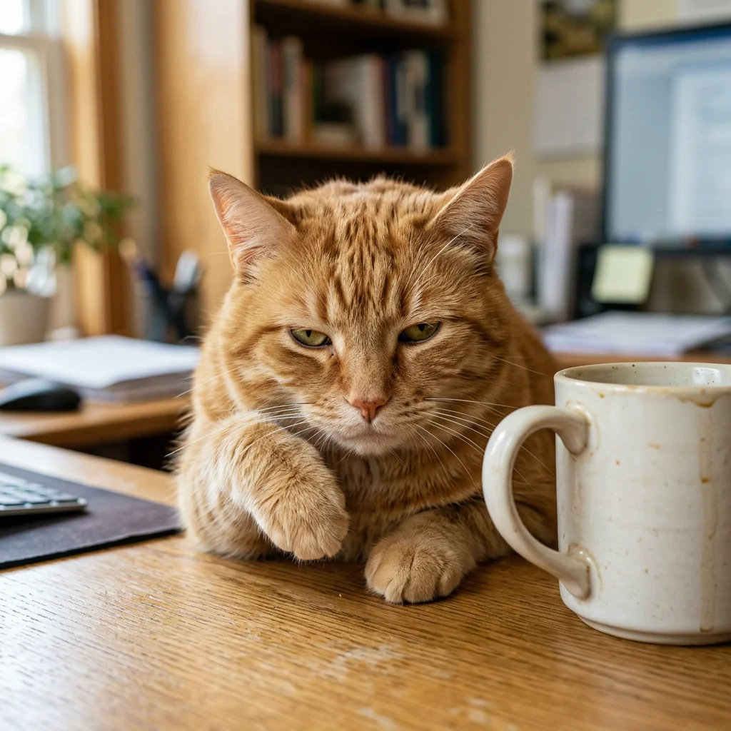 Sleepy orange cat resting its head on a paw beside a coffee mug