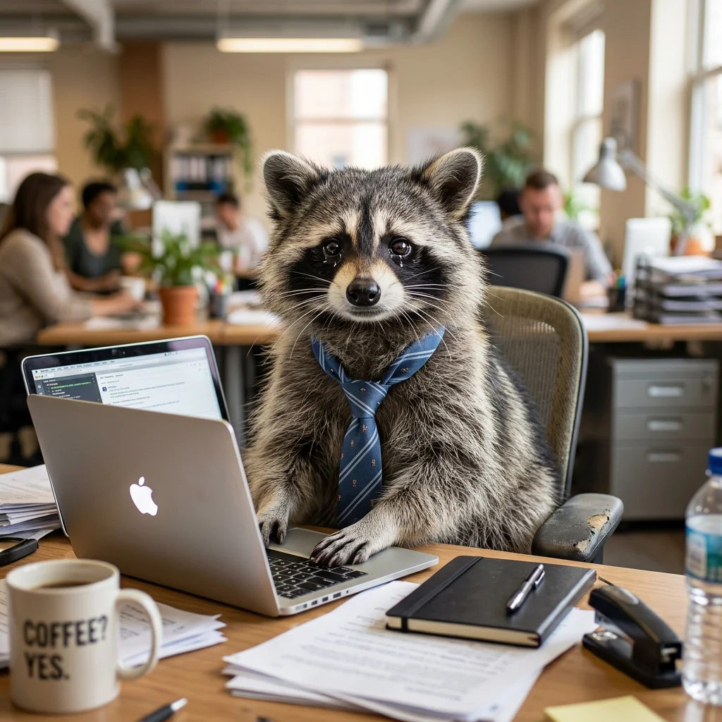 Exhausted raccoon wearing a tie at an office laptop