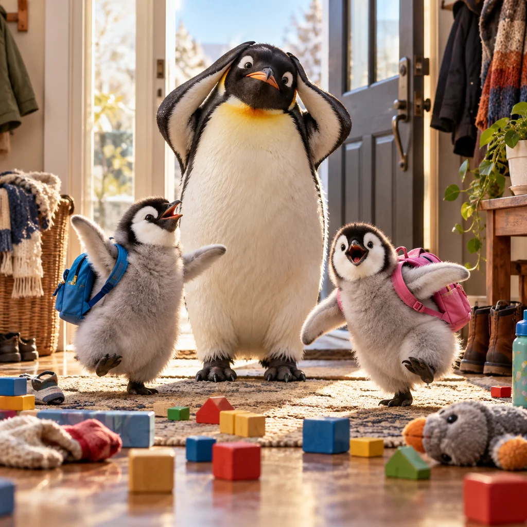 Adult penguin and two fluffy chicks beside backpacks and scattered toys