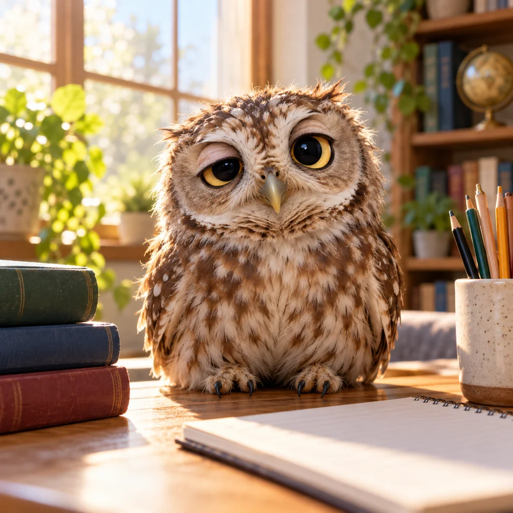 Sleepy owl at a study desk beside textbooks and a notebook